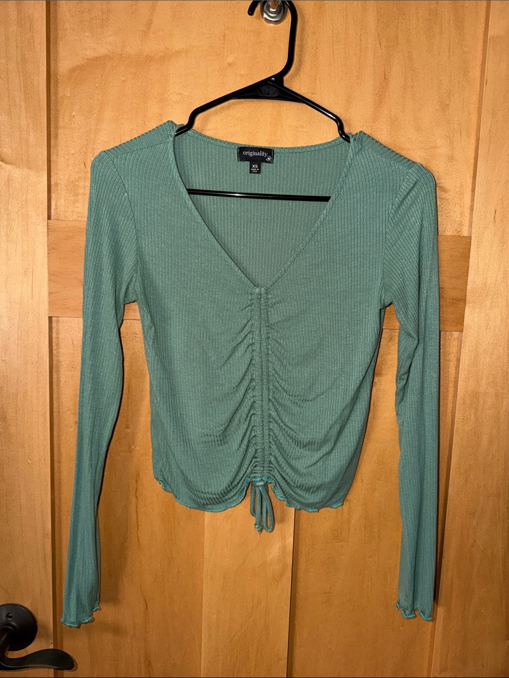 Ruched V-Neck Long Sleeve Top in Sage Green